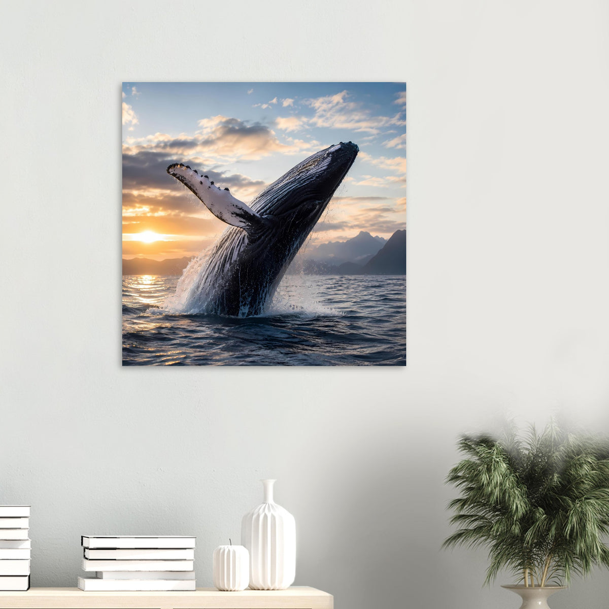 Wandposter mit Buckelwal beim Sprung am Sonnenuntergang und blauer Umrandung