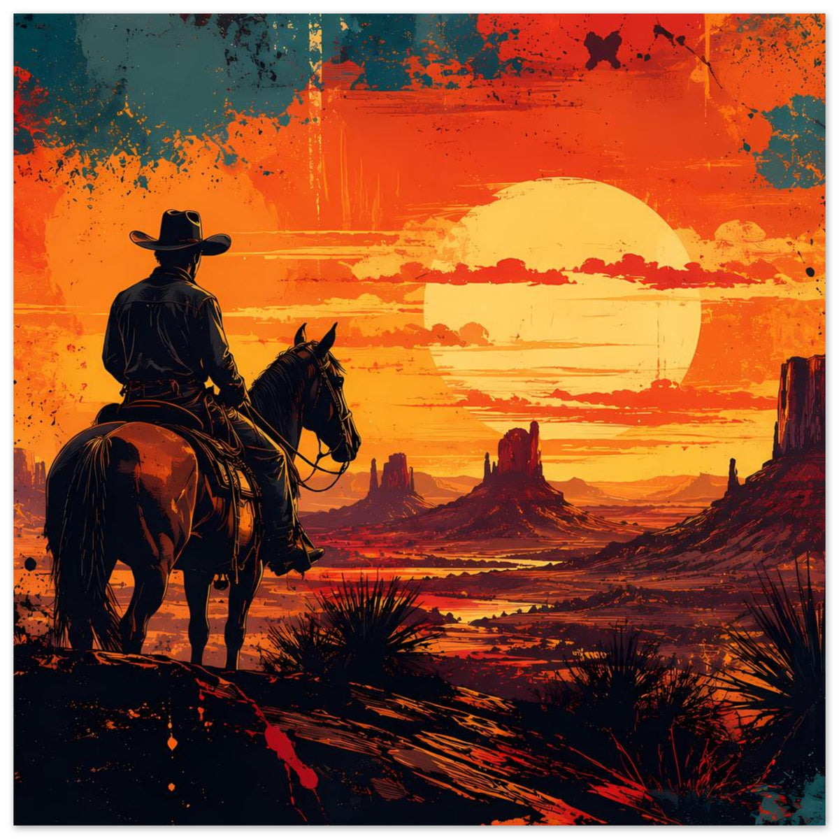 Western-Cowboy-Poster: Reiter auf Pferd vor Wüstenlandschaft, orangefarbener Sonnenuntergang