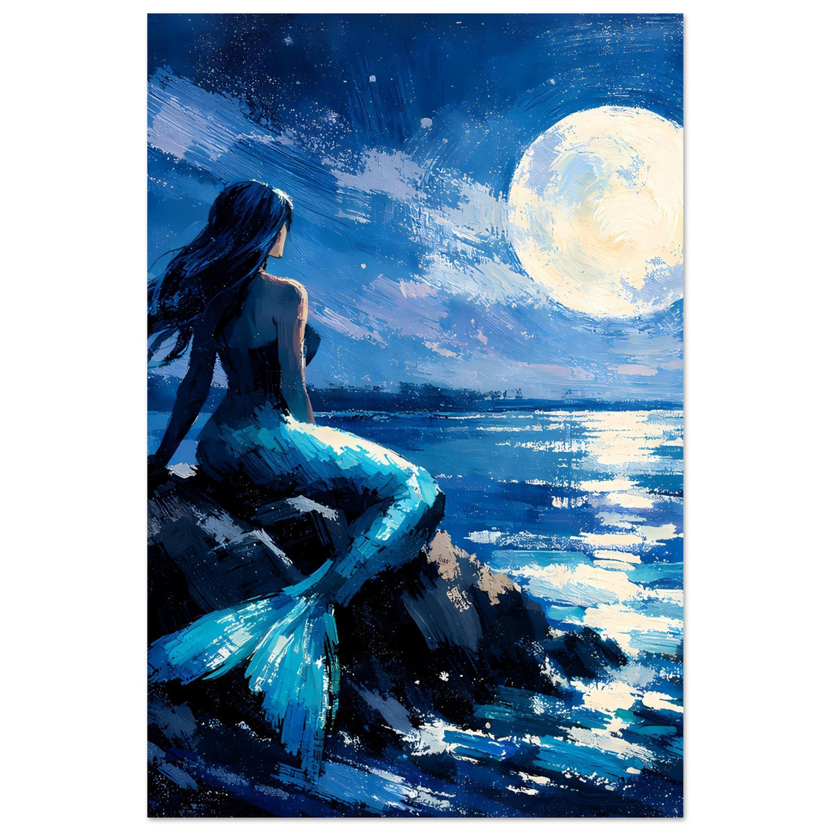 Mattes Poster mit Meerjungfrau im Dunkelblau, glitzernde Pinselstruktur und Vollmond