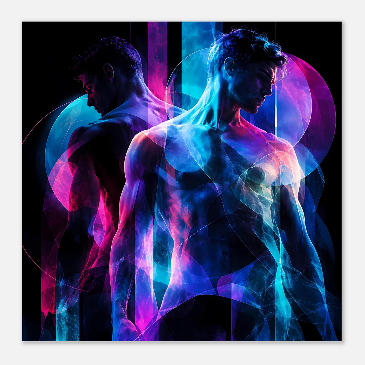 Neon-Kunstposter (Querformat) mit zwei Silhouetten in Blau und Pink, abstrahierte Lichtbahnen