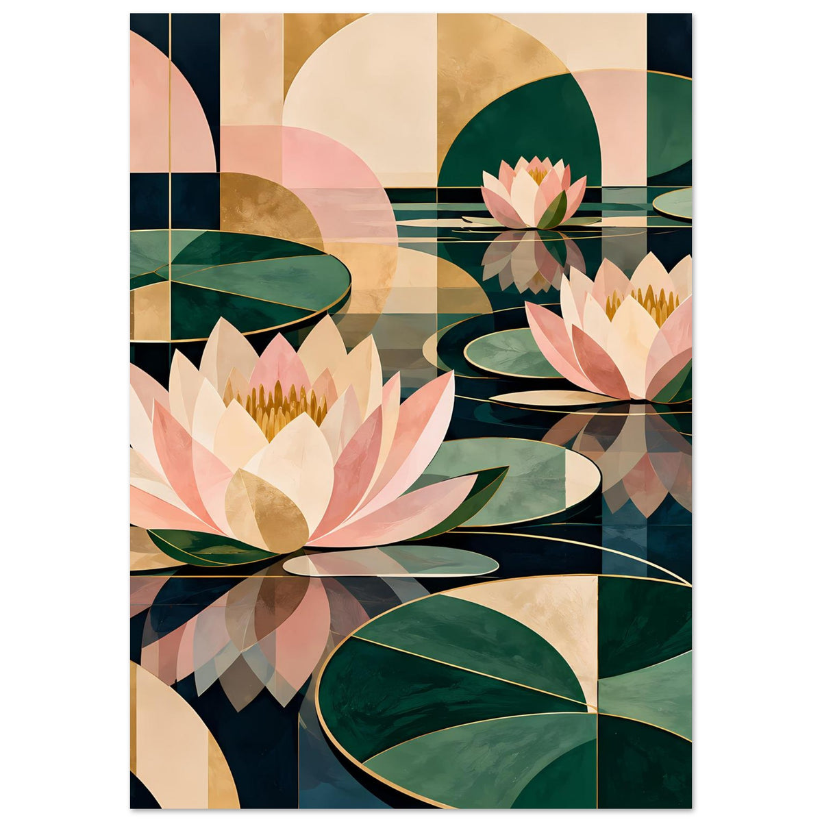 Lotus-Grafikposter mit Lotusblüten, grünen Wasserlilien und rosafarbenen Flächen