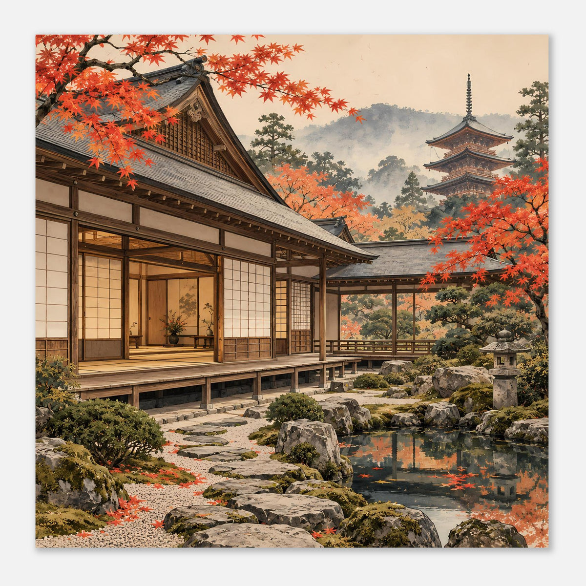 Poster mit Gartenansicht: Holzveranda, Pagode im Hintergrund, orange-rotes Herbstlaub.