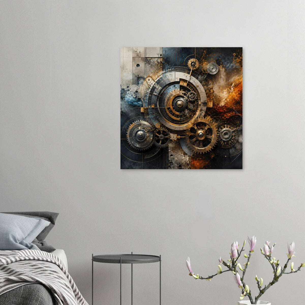 Steampunk-Poster, klein im Querformat: Zahnradsystem in warmen Metalltönen