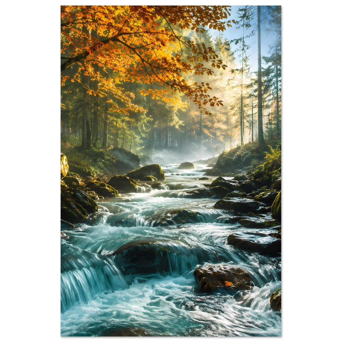 Wandposter im Hochformat: Waldfluss mit türkisfarbenem Wasser und goldenen Blättern