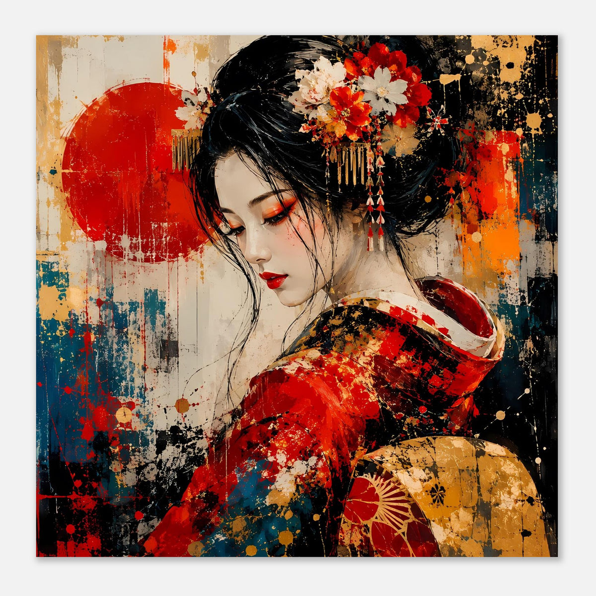 Poster im Nahausschnitt: Geisha im roten Kimono, goldene Akzente, schwarzes Haar, Blumen im Kopf