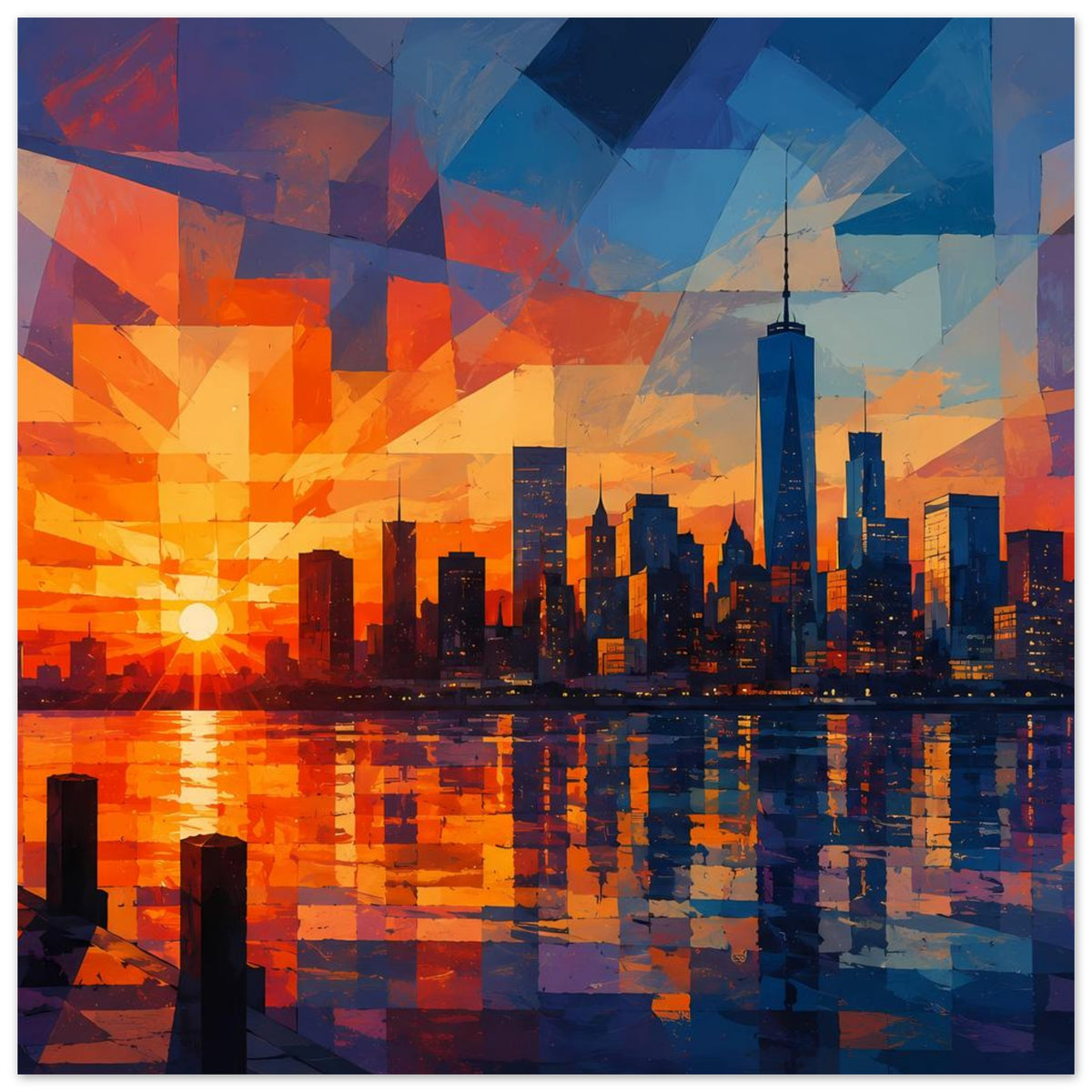 Stadt-Sunset-Poster mit leuchtenden Orange- und Blautönen, Skyline und Wasserreflexen