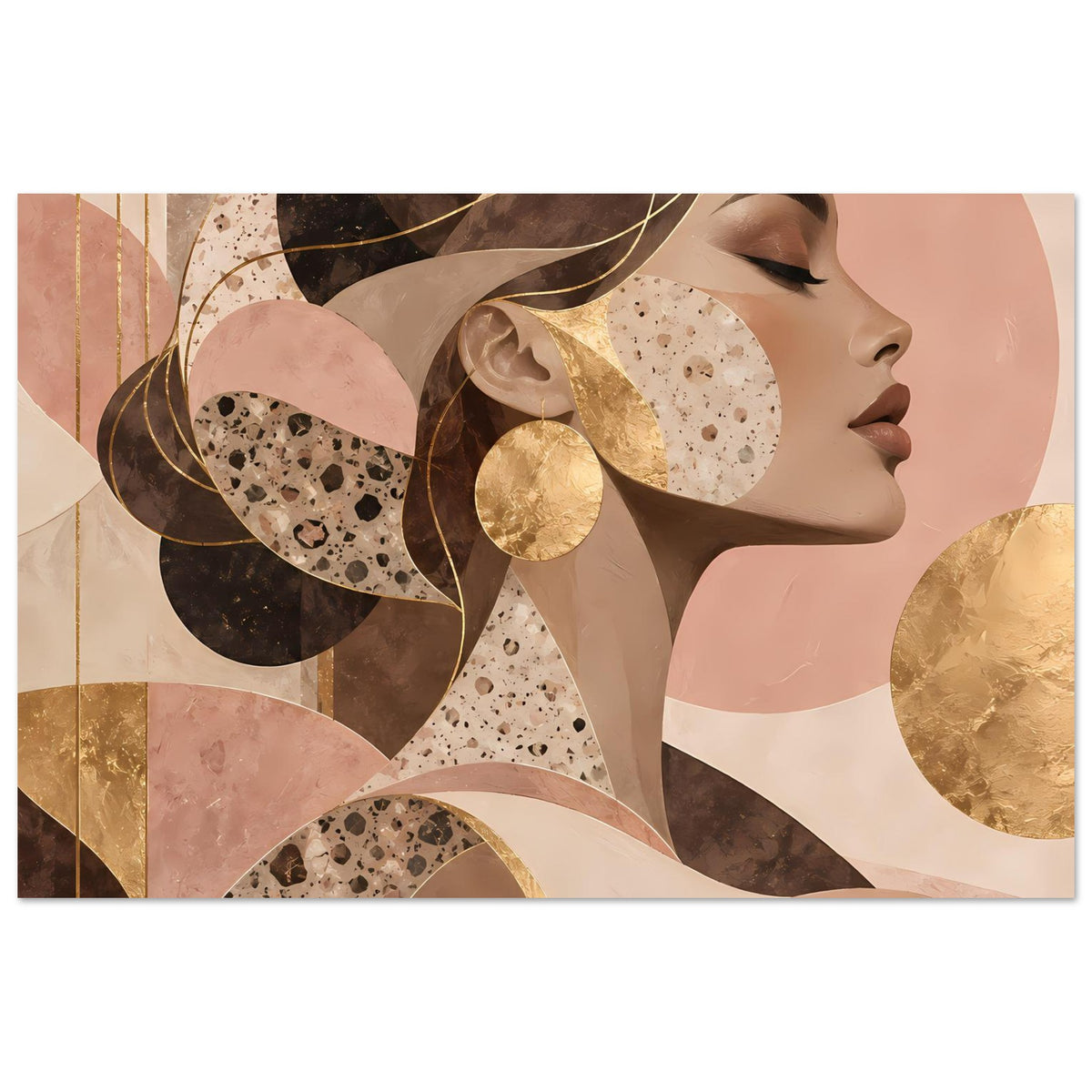 Kunstposter im Querformat mit Frauenprofil-Illustration und goldenen Formen in warmen Tönen