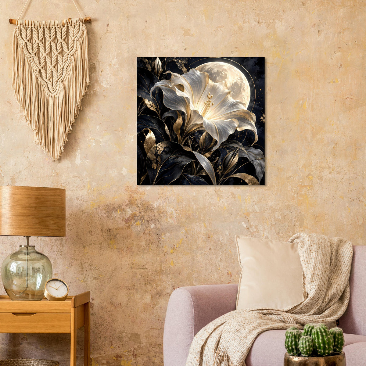 Wandposter: goldene Blüten über dunklem Grund mit hellem Mond