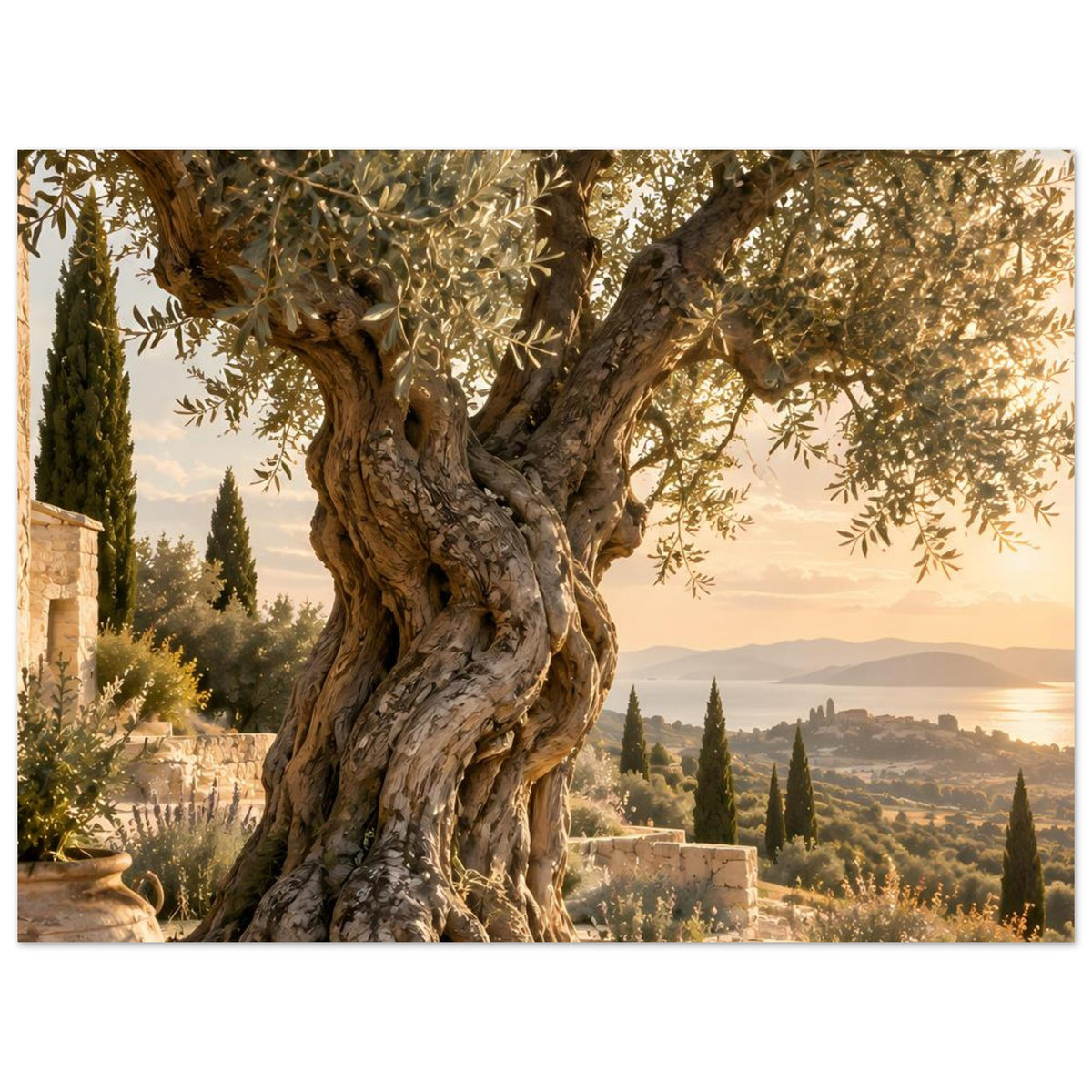 Poster mit knorrigem Olivenbaum, grüne Blätter und Blick auf Terrassen im Bild