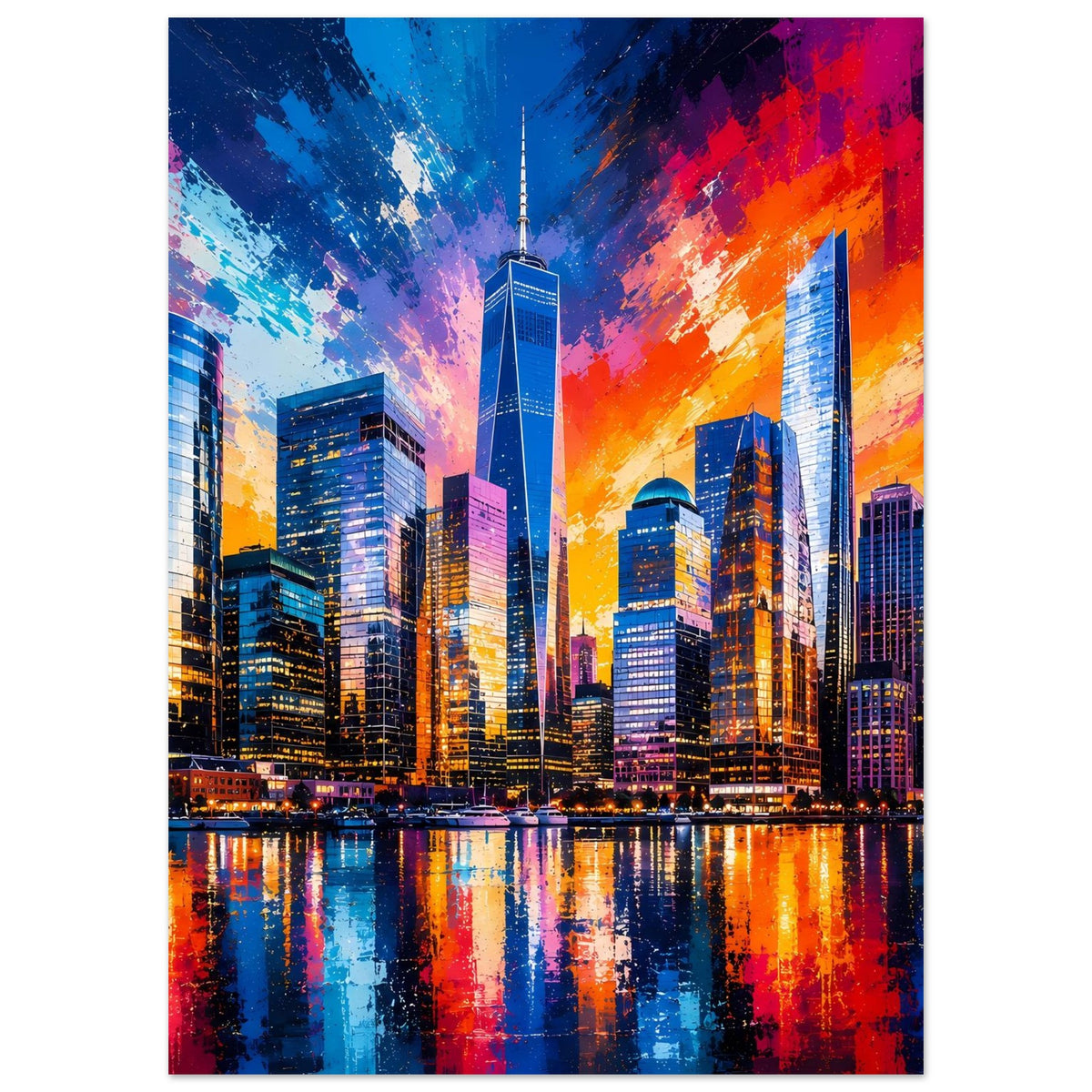 Vertikales Poster mit Skyline-Motiv, Farbexplosion in Blau, Orange und Rot, inkl. Reflexion