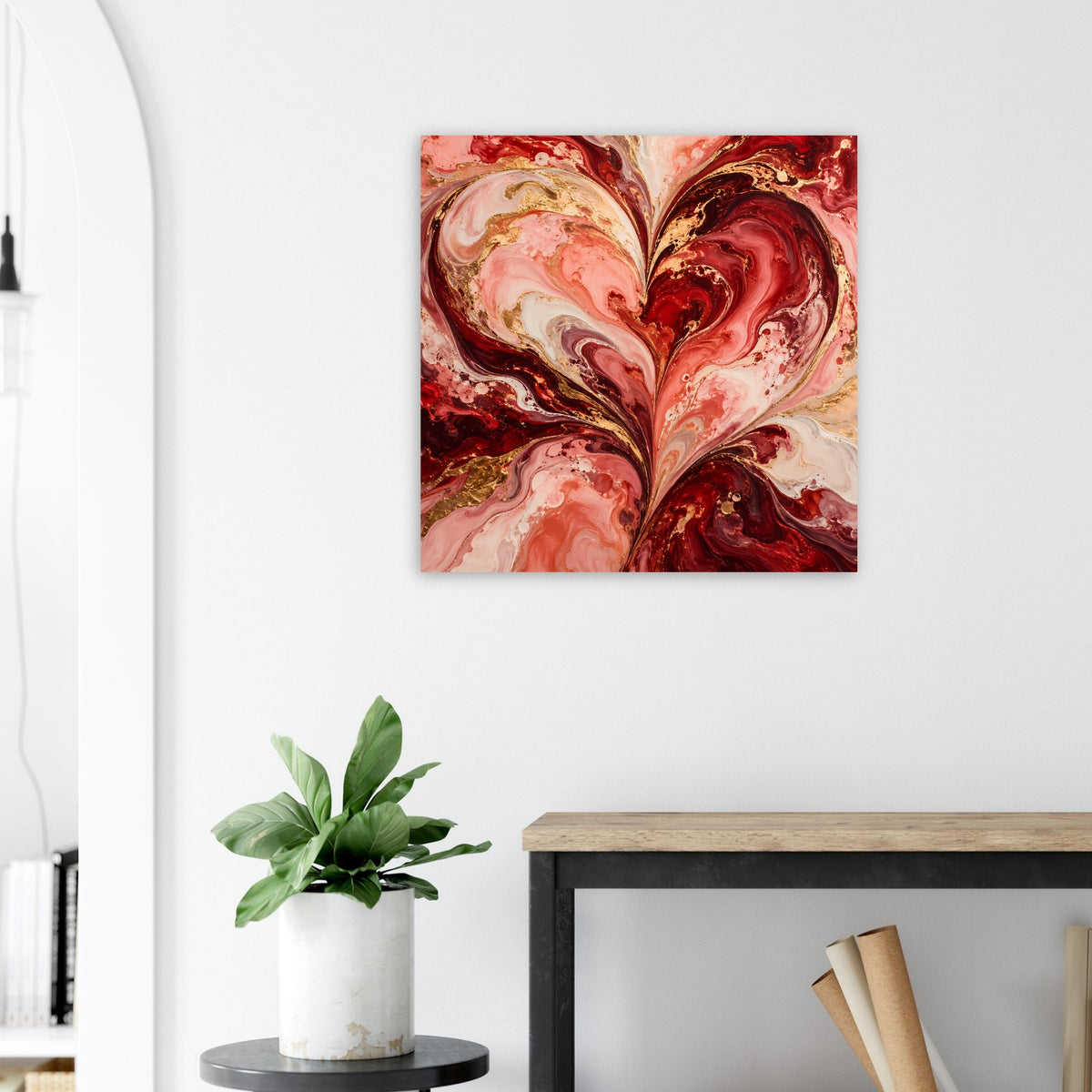 Wandposter mit abstraktem Herz in Rot, Rosa und Gold, marmorierte Swirls