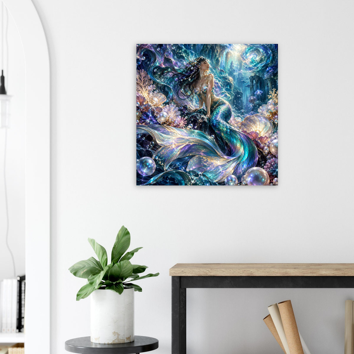 Fantasy-Meerjungfrau-Poster mit Meerjungfraufigur, Perlen und Korallen in Türkis und Blau