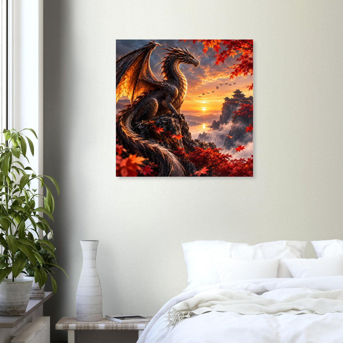 Quadratisches Poster mit dunklem Drachen, orangefarbenem Himmel und roten Herbstzweigen