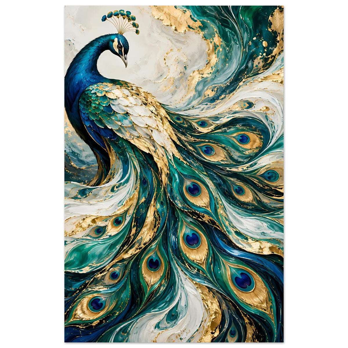 Pfauen-Kunstposter im Hochformat: Pfau mit blauen Augenflecken und Federwirbeln.
