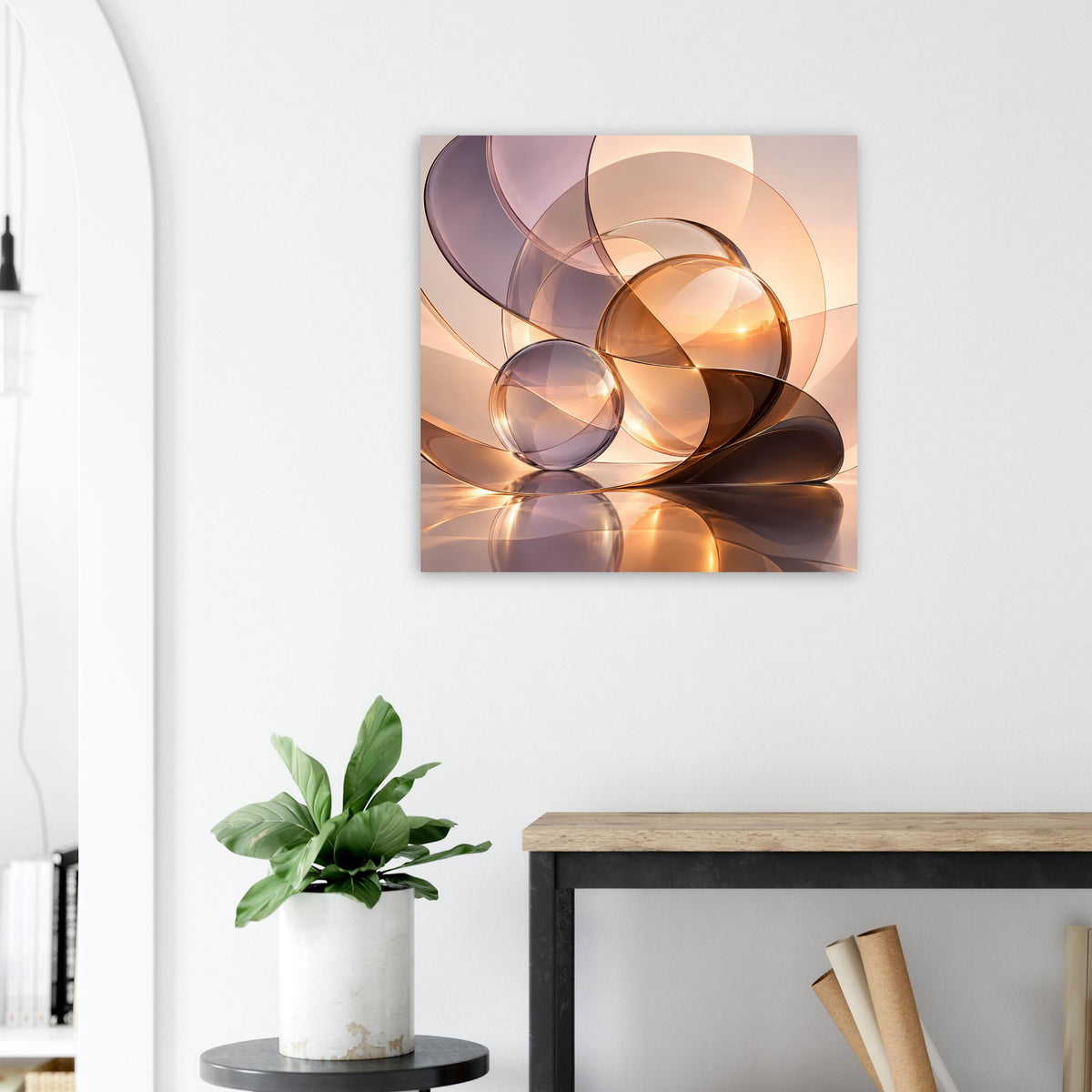 Quadratisches Wandposter mit abstrakten Glas-Kugeln in warmem Gold, Braun und Violett