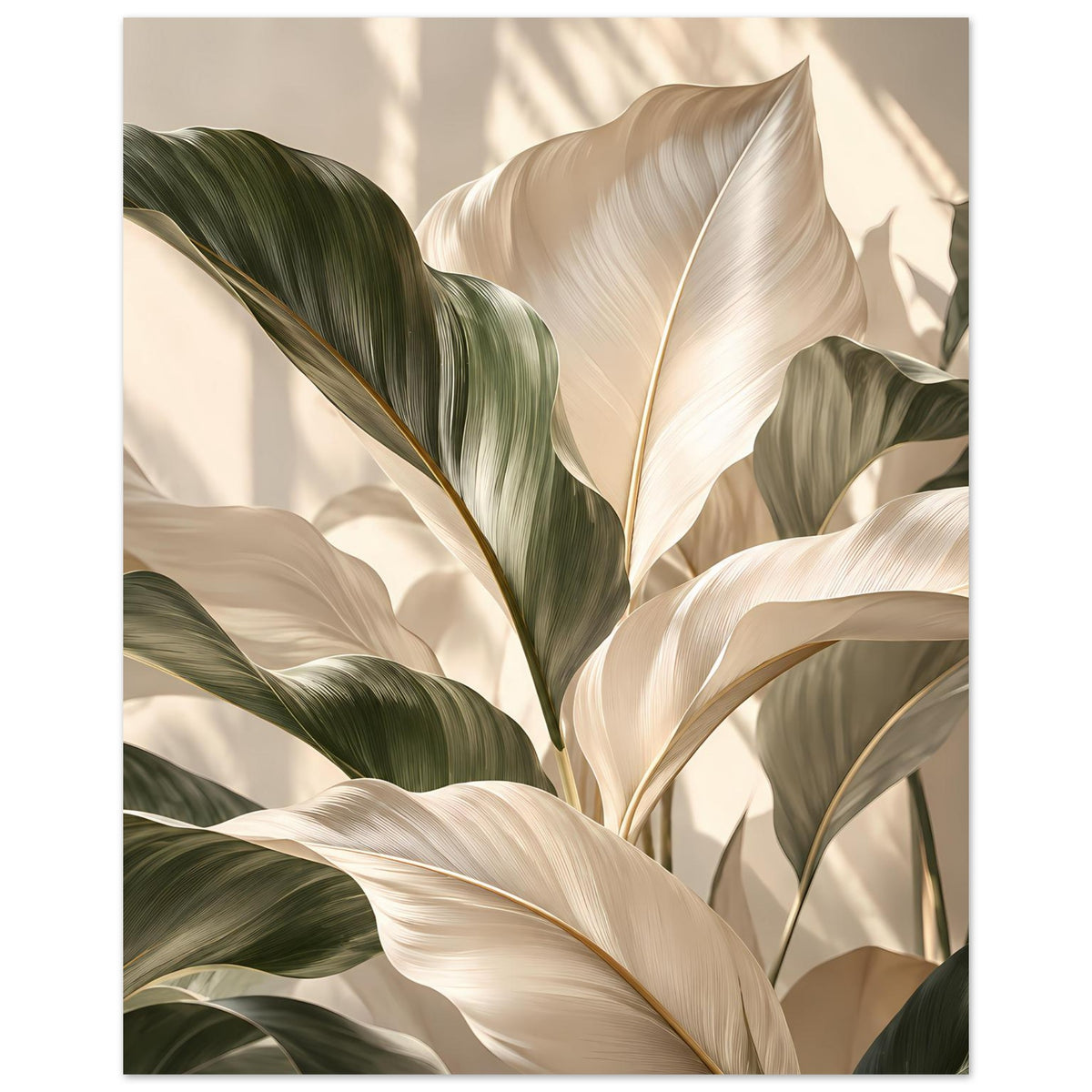 Gerahmtes Poster mit stilisierten Palmenblättern in Grün, Creme und Beige