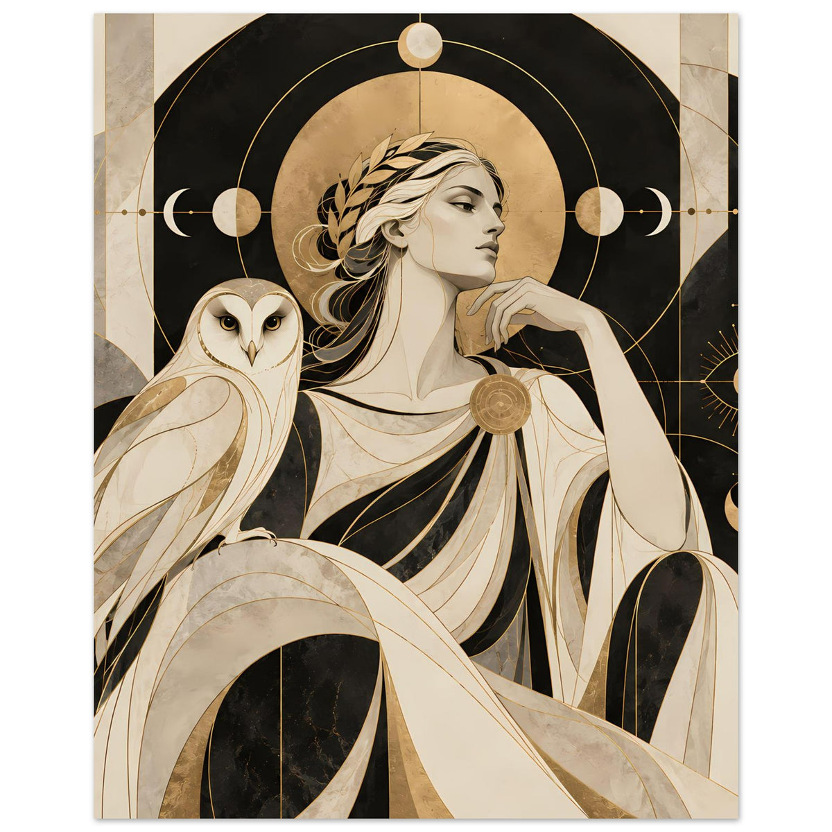 Vertikales Kunstposter: Profil von Frau mit Eule, goldene Kreise, beige-grau auf dunkel