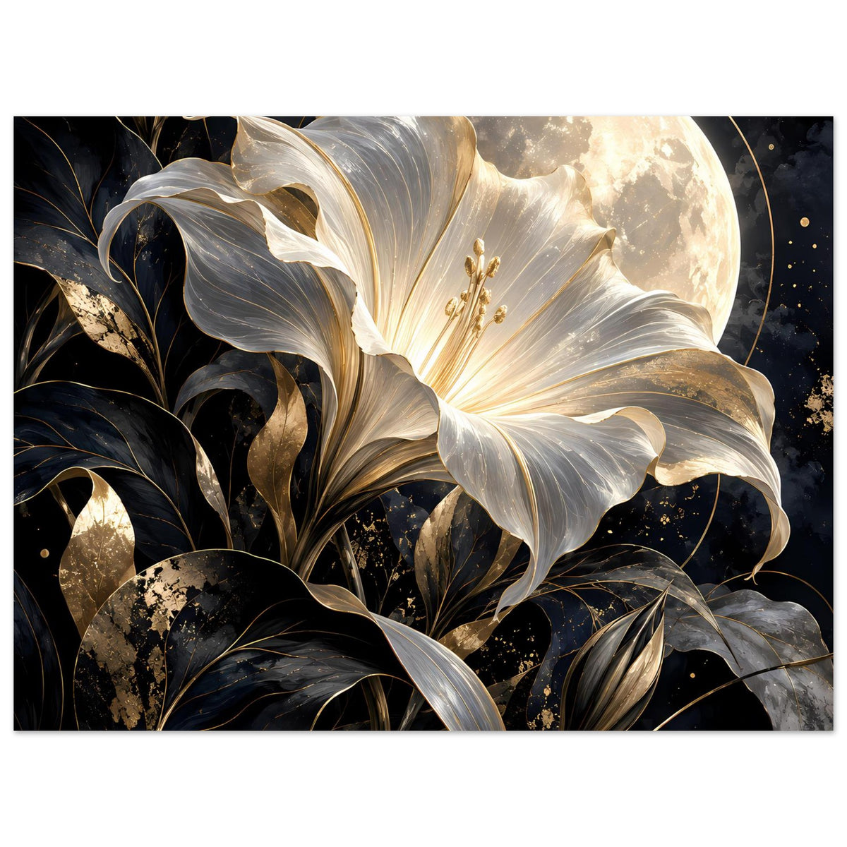 Poster im Querformat: weiß-goldene Blüte und Mondsichel, umgeben von schwarzen Blattornamenten