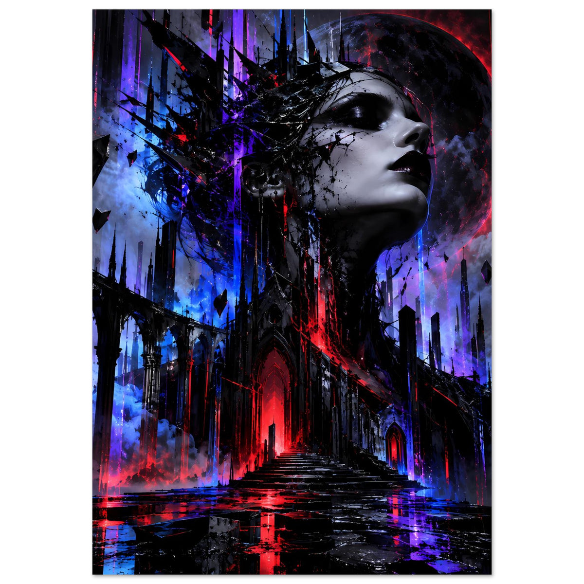Gothic-Fantasy-Poster: Frauenprofil mit dunklem Haar, neonblaue und neonrote Lichtspuren