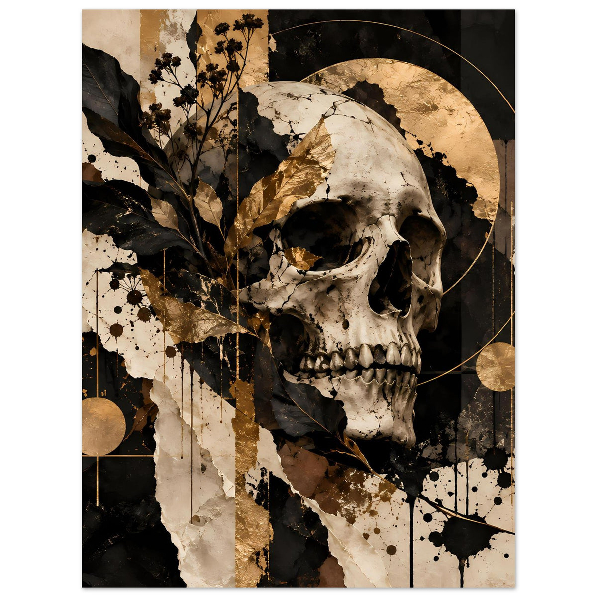 Kunstposter mit Totenkopf in Schwarz-Gold, goldene Kreise, Blattzweige und Sprenkel