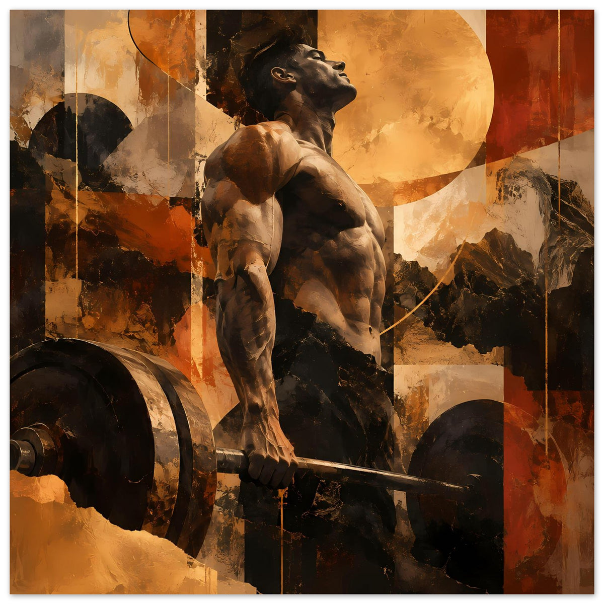 Fitness-Art-Poster: Hund und Hantelstange vor abstraktem Hintergrund, warme Erdtöne