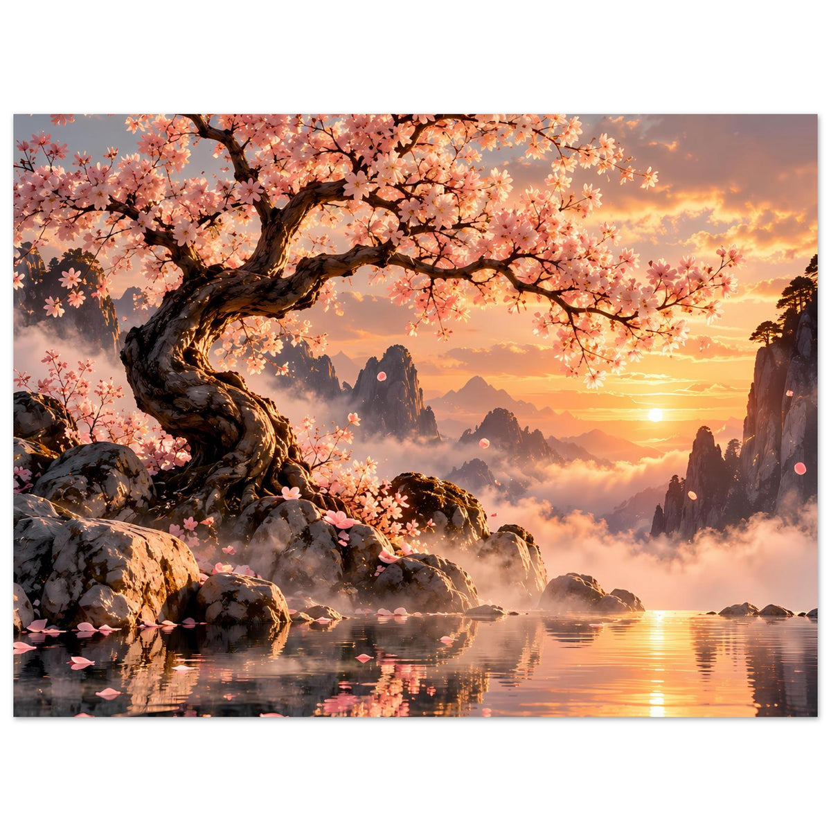 Horizontales Poster mit Kirschblüten, Felsen am Ufer, Panorama-Berge im Nebel und Sonnenuntergang