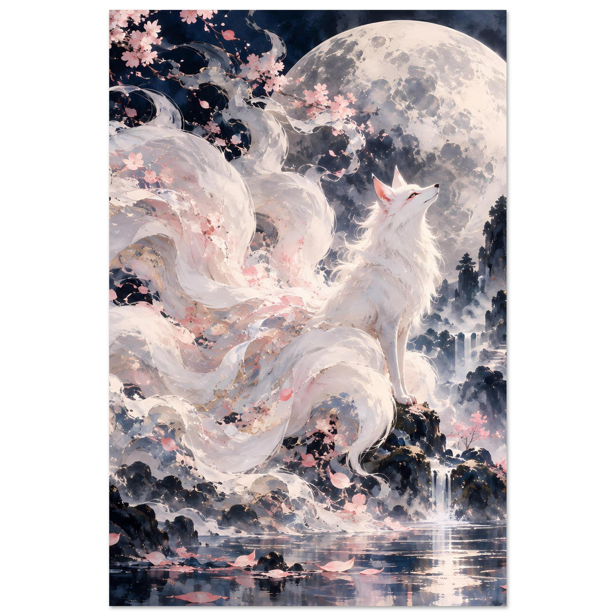 Vertikales Fantasy-Poster mit weißem Fuchs, Vollmond und Kirschblüten über Wolkenmeer