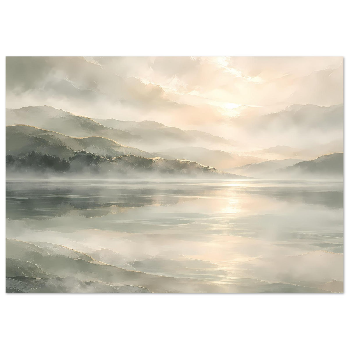Horizontales Poster mit goldenen Reflexen, Hügellandschaft im Dunst, matte Oberfläche