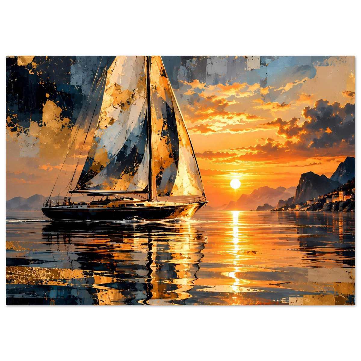 Querformat-Poster mit Segelboot, leuchtender Sonne am Horizont und reflektiertem Licht im Wasser