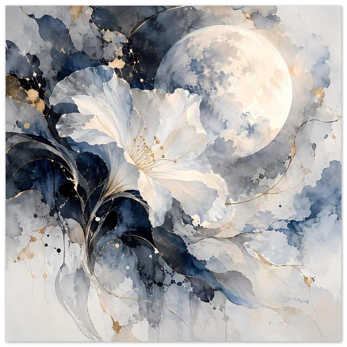 Poster mit Mondsichel und weiß-blauer Blüte, dunkle Federformen und Goldspritzer im Aquarelllook