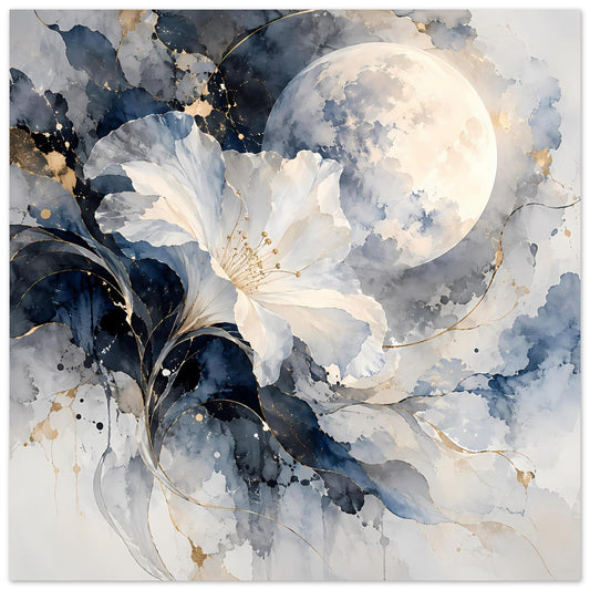 Poster mit Mondsichel und weiß-blauer Blüte, dunkle Federformen und Goldspritzer im Aquarelllook