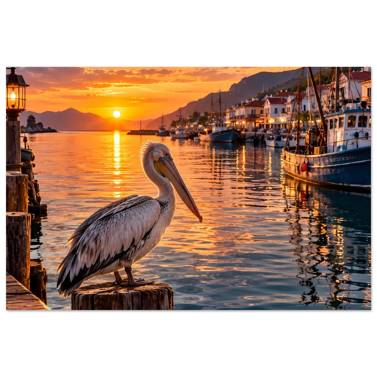 Poster mit Pelikan und Sonnenuntergang über dem Hafen mit Booten