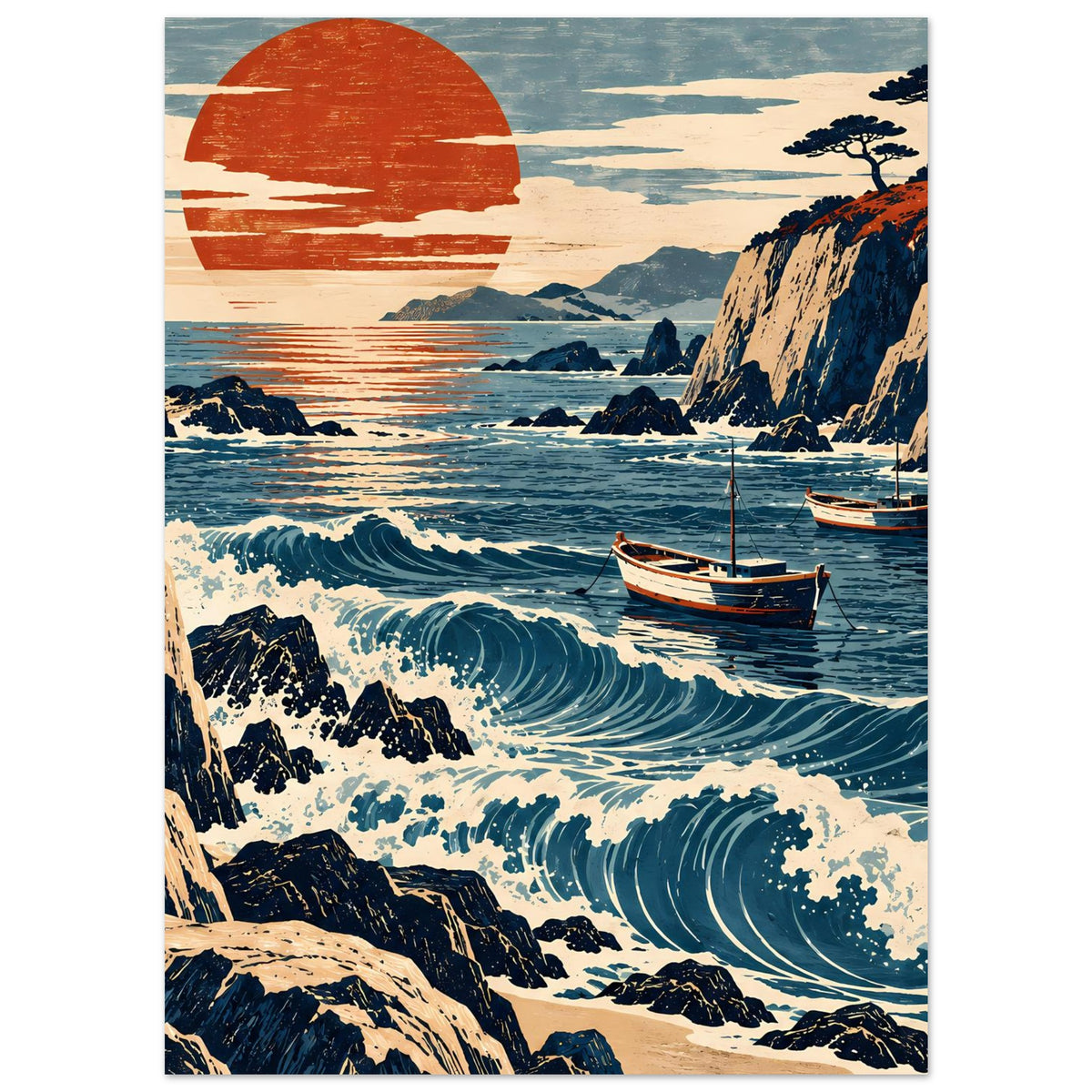 Meerlandschafts-Poster mit orangefarbener Sonne, kräftigen Wellen und zwei kleinen Segelbooten