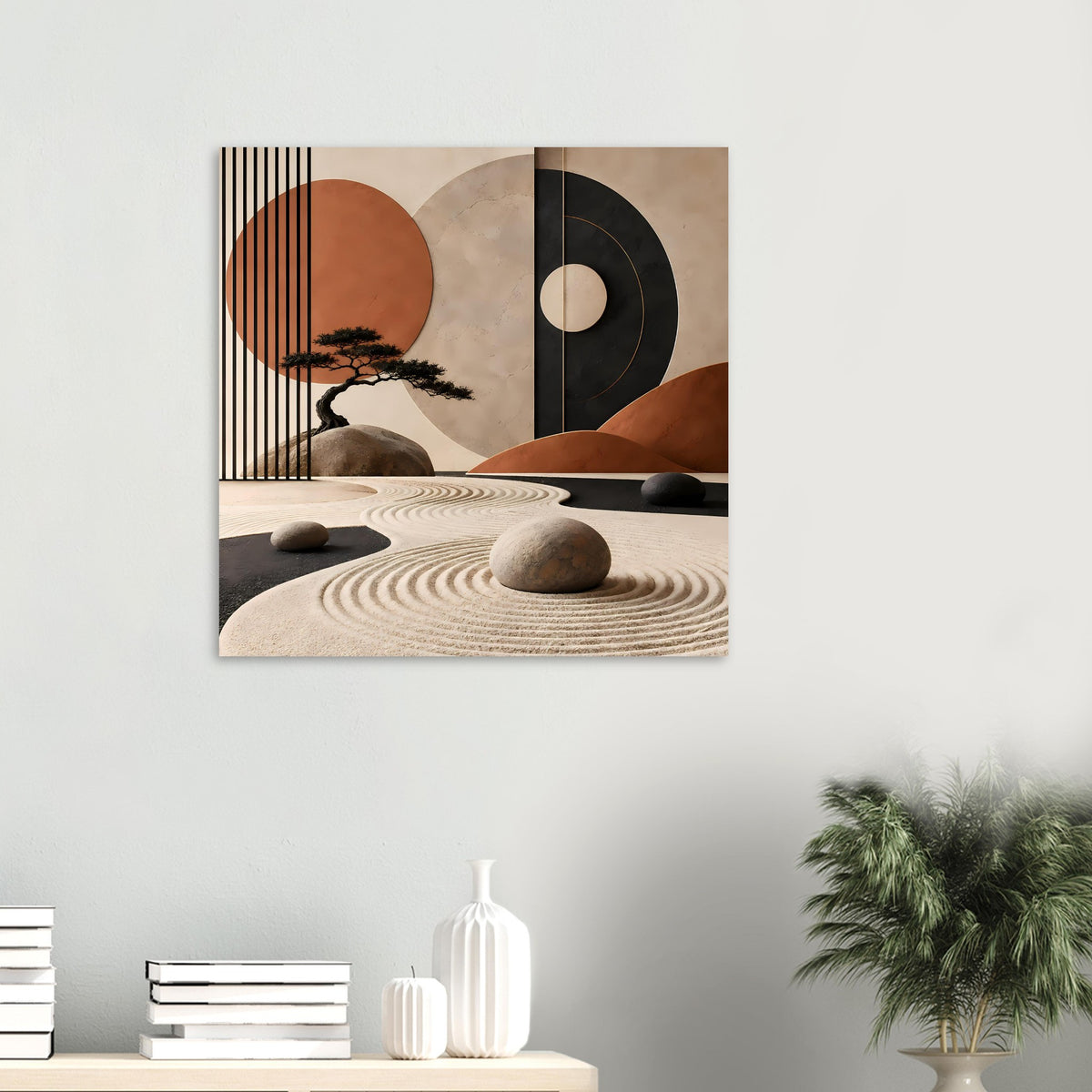 Zen-Poster im Erdtöne-Design mit Baum, Kreisen und Sandspiralen, kompakt gerahmt