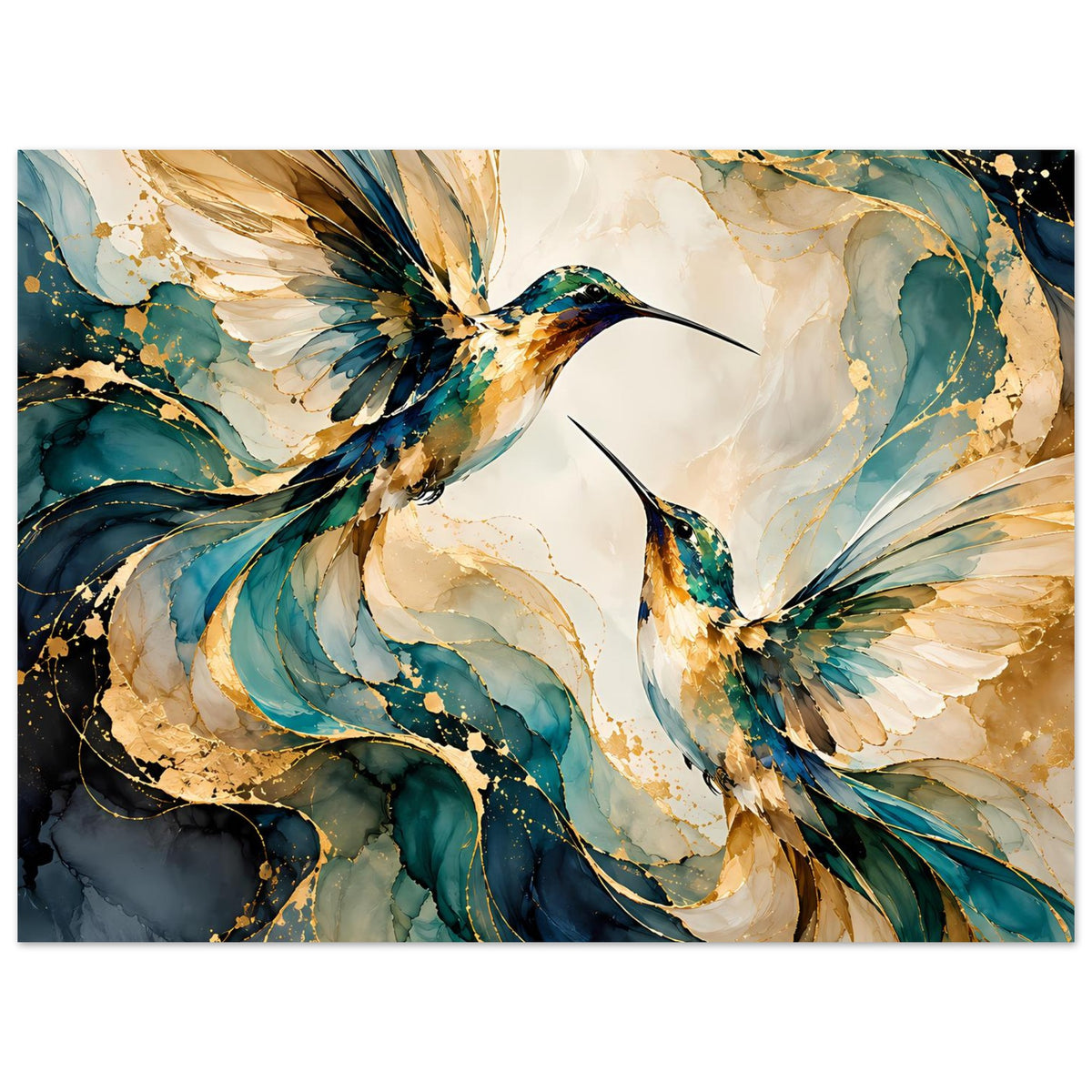 Vogelposter mit zwei Kolibris, blaugrüne Federn, goldene Highlights und Sprenkel
