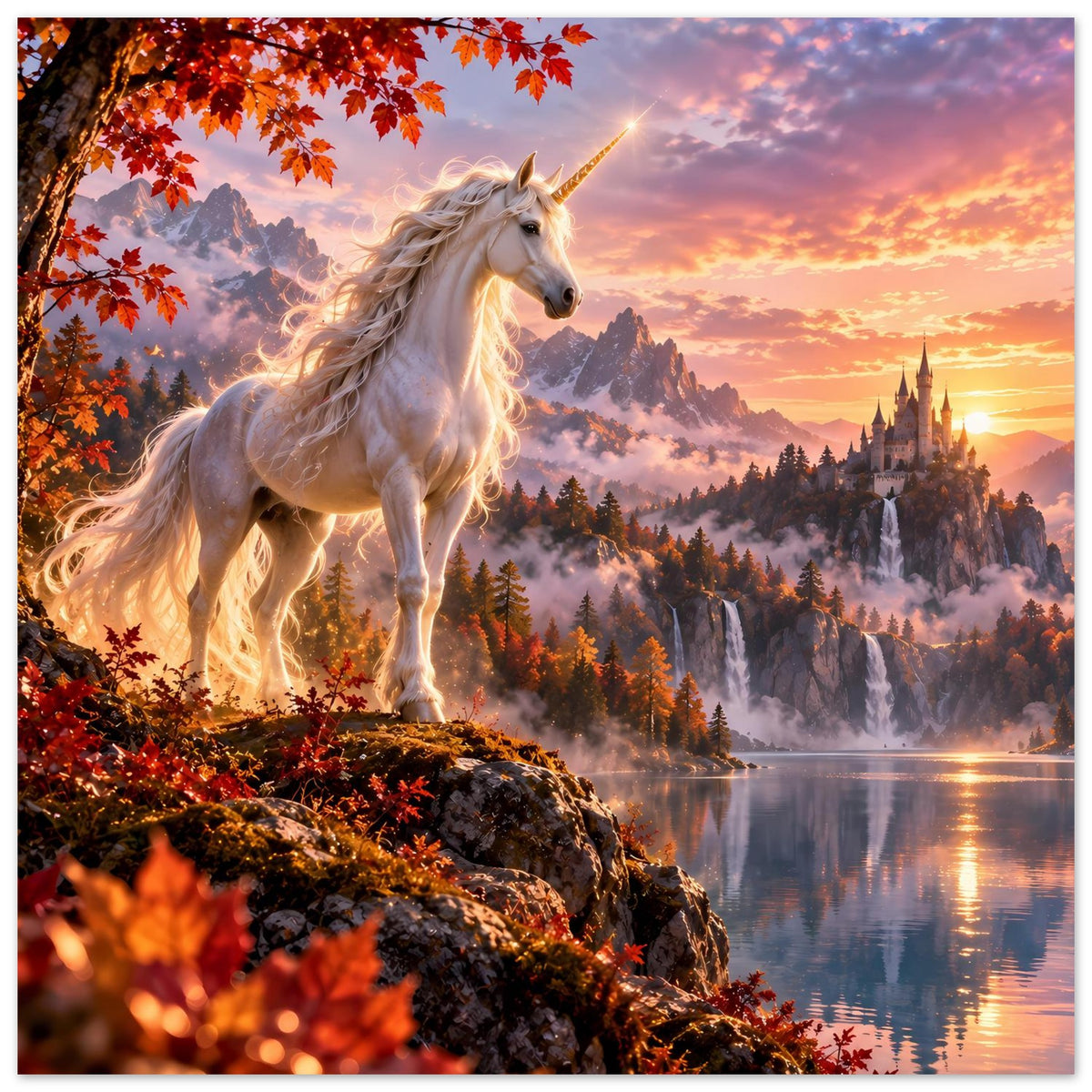 Fantasieposter mit weißem Einhorn, Herbstlaubrahmen, Schloss im Dunst und goldigem Himmel