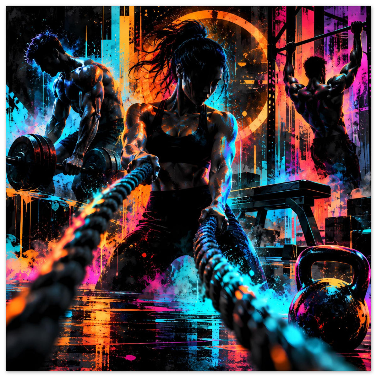 Fitness-Poster mit drei Trainingssilhouetten, Hanteln und Kettlebell im Neon-Farblook