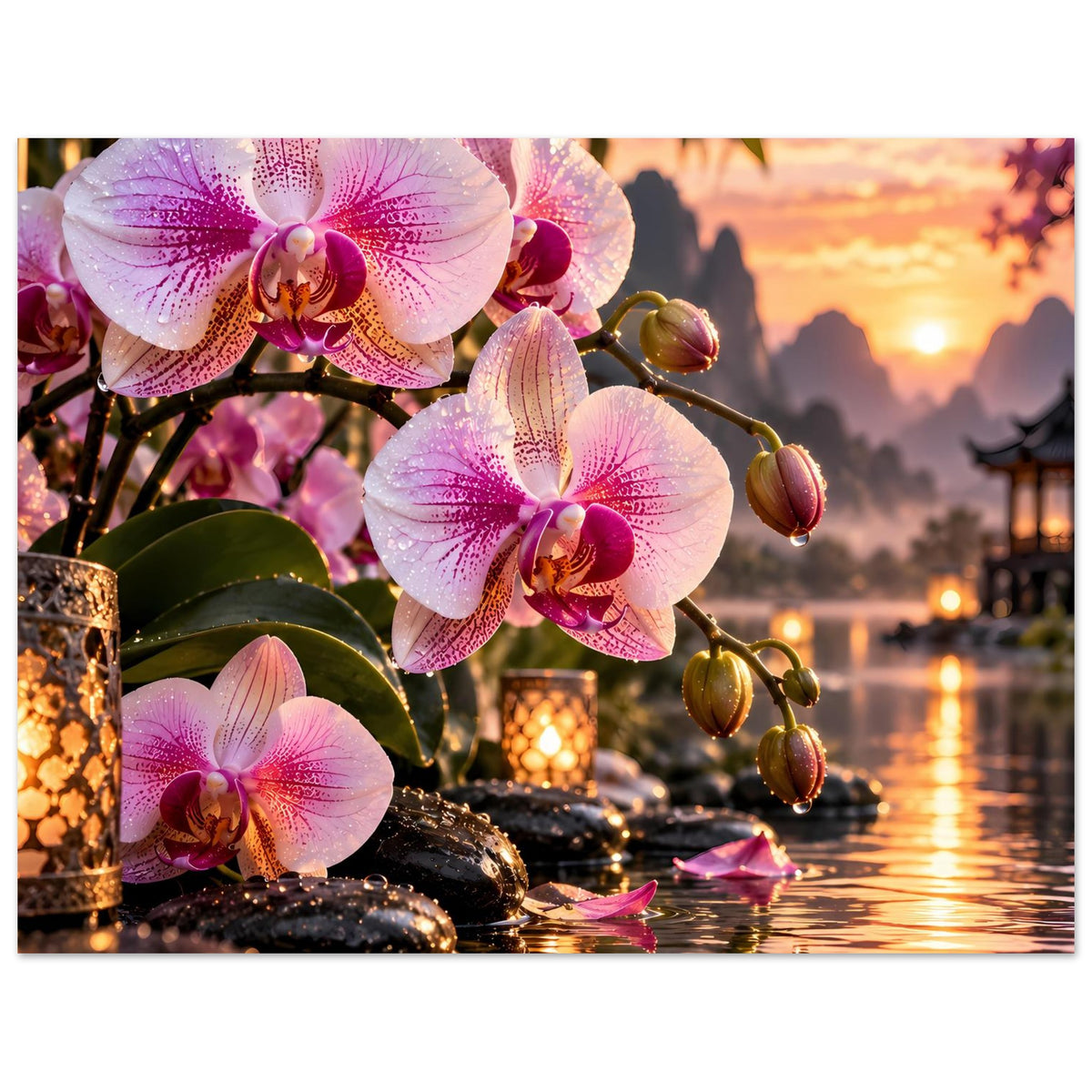 Poster mit rosa Orchideenblüten, dunklen Steinen und goldenen Kerzen am See