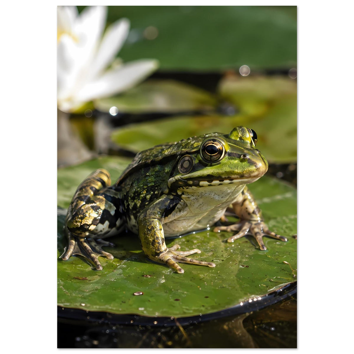 Poster mit Frosch auf Seerosenblatt, weitgehend symmetrische Nahaufnahme mit Vorderansicht