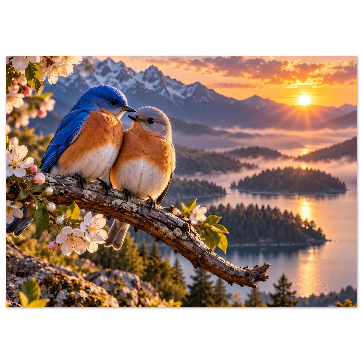 Poster mit zwei Vögeln auf Ast, Sonnenuntergang über See und fernen Berggipfeln
