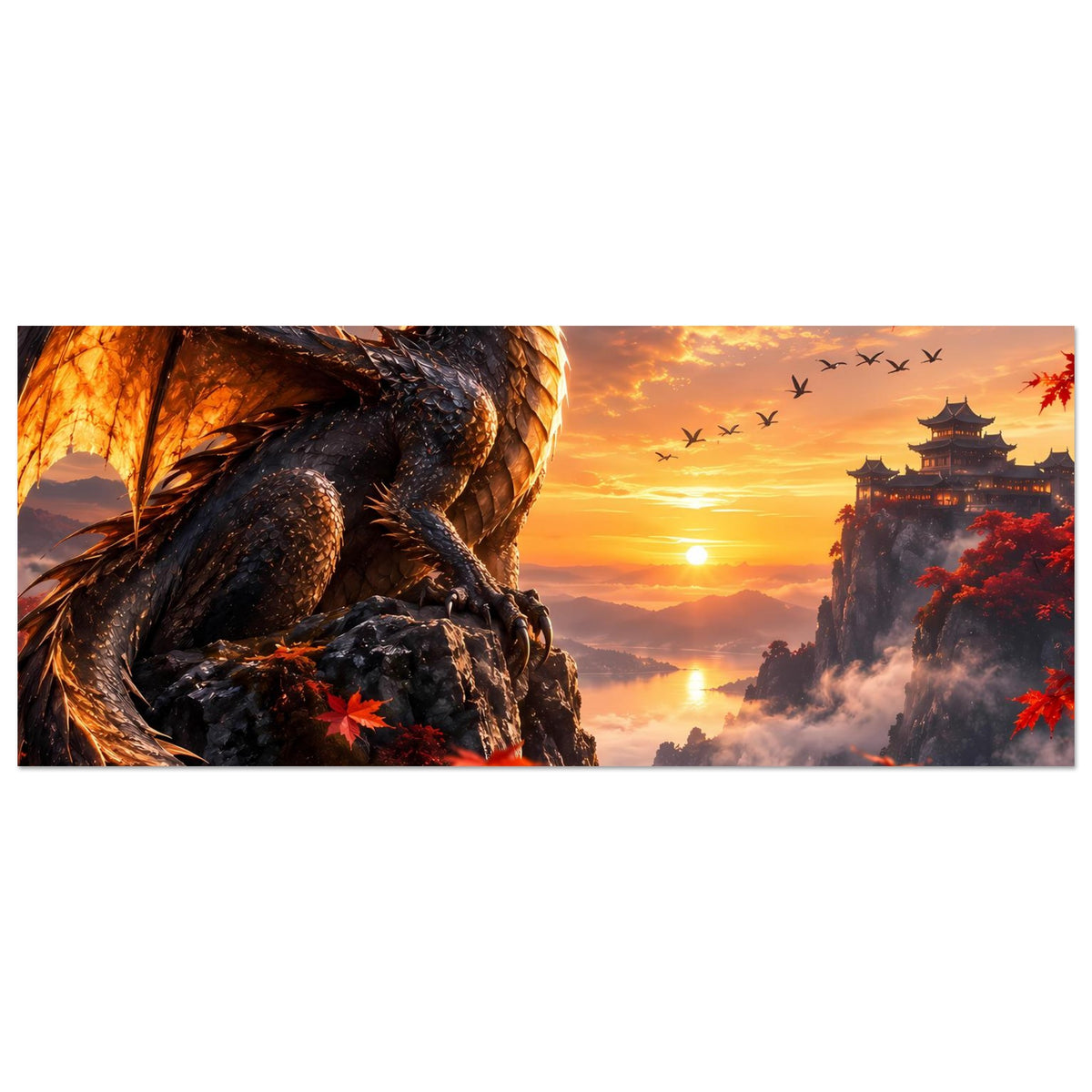 Panorama-Poster mit Drachen auf Felsen, orangefarbener Himmel und rotes Herbstlaub