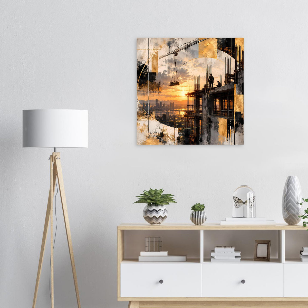 Abstraktes Poster mit Sonnenuntergang und Baustellen- bzw. Stadtmotiv, quadratisch