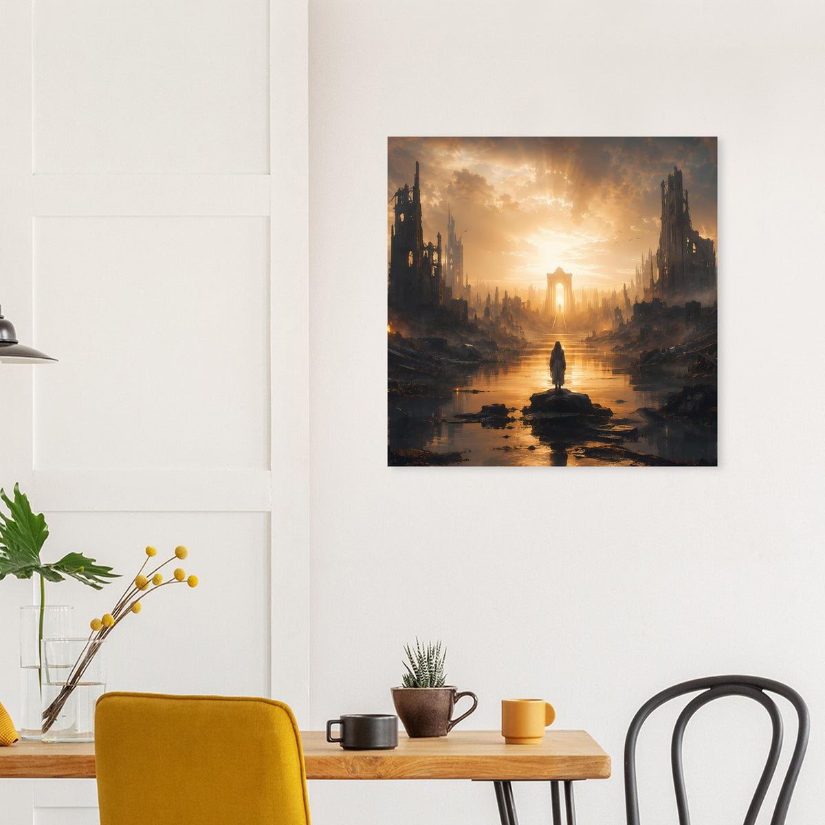 Poster mit postapokalyptischer Skyline, Sonnenaufgang und Figur im Vordergrund auf Fluss