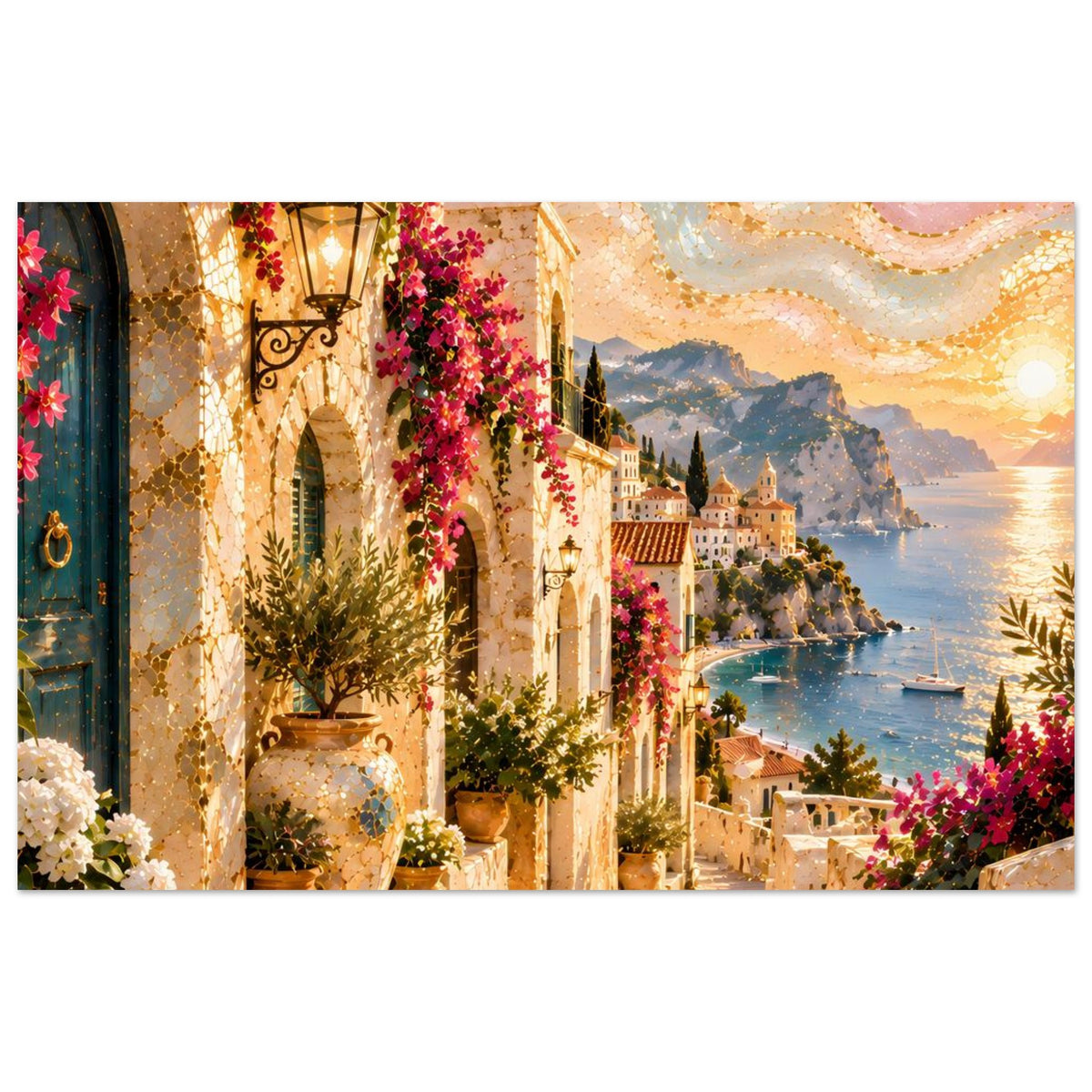 Poster mit mediterraner Gasse und Blüten: Laterne, Steinbögen, Wasserblick und warme Abendtöne