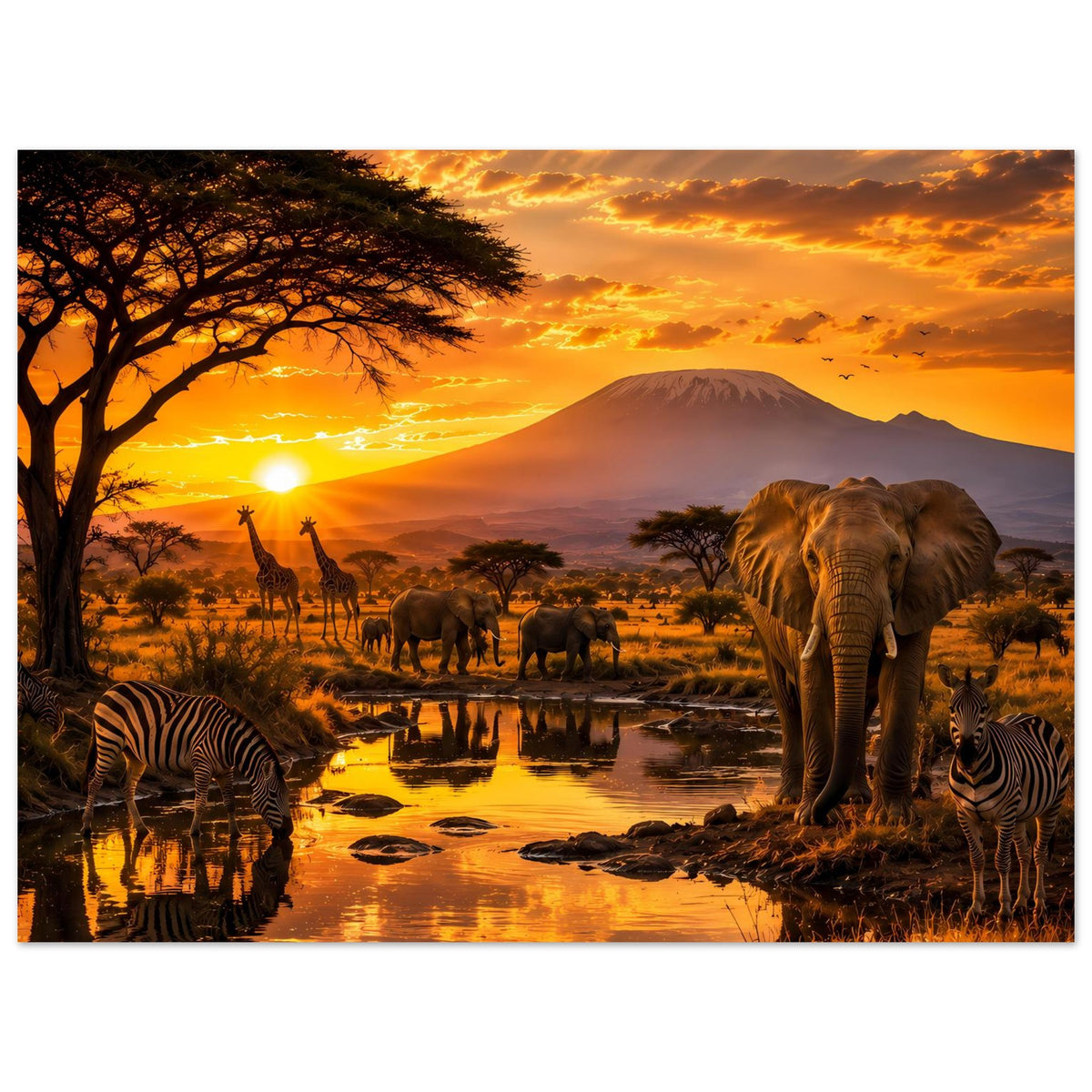 Premium Poster: Elefant rechts, Zebras links, Giraffen in der Savanne am Wasser im Sonnenuntergang