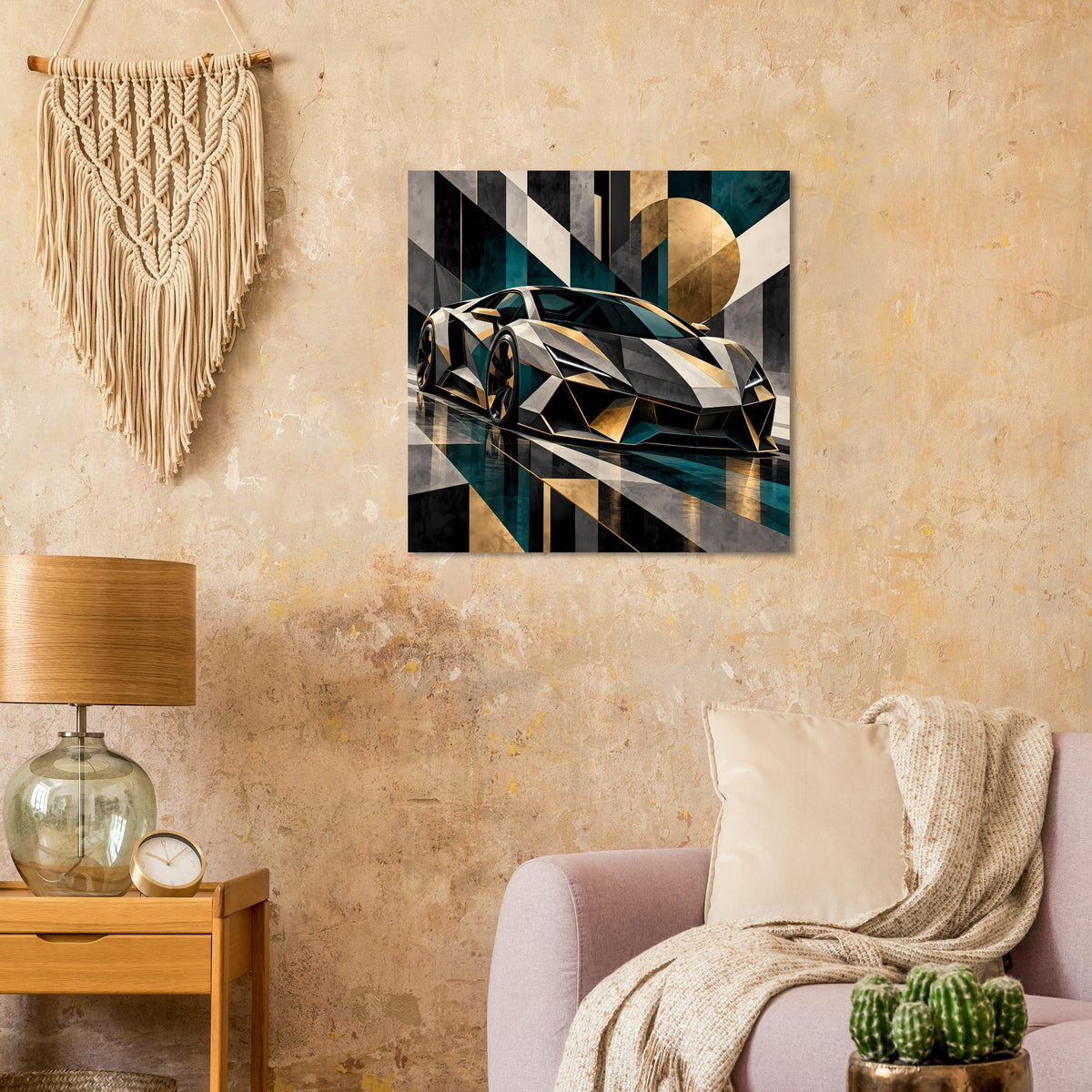 Quadratisches Autoposter mit abstraktem Luxus-Sportwagen in Gold, Schwarz und Petrol
