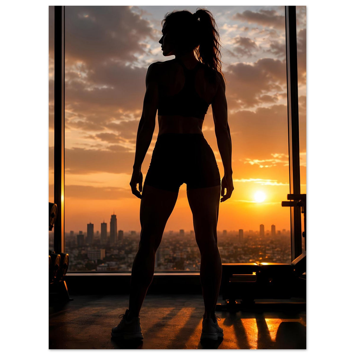 Vertikales Fitness-Poster mit Silhouette einer Sportlerin in Shorts und Top vor Sonnenkreis.