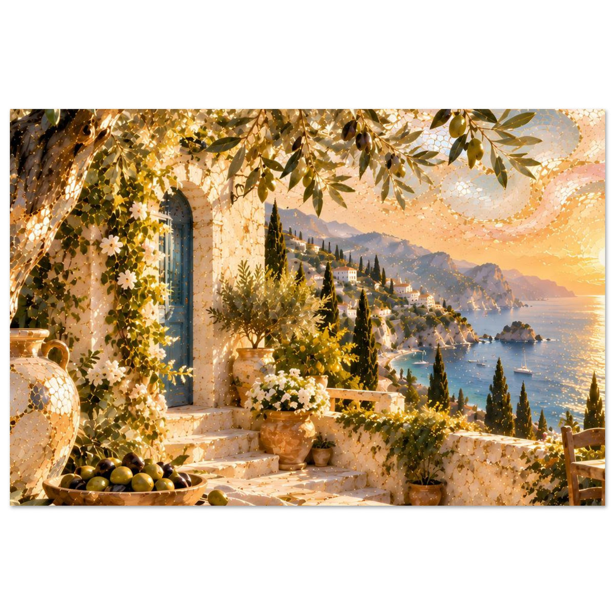 Mosaik-Kunstdruck mit Türbogen, Olivenfrüchten, Tischdecke und Blick auf Wasser und Berge