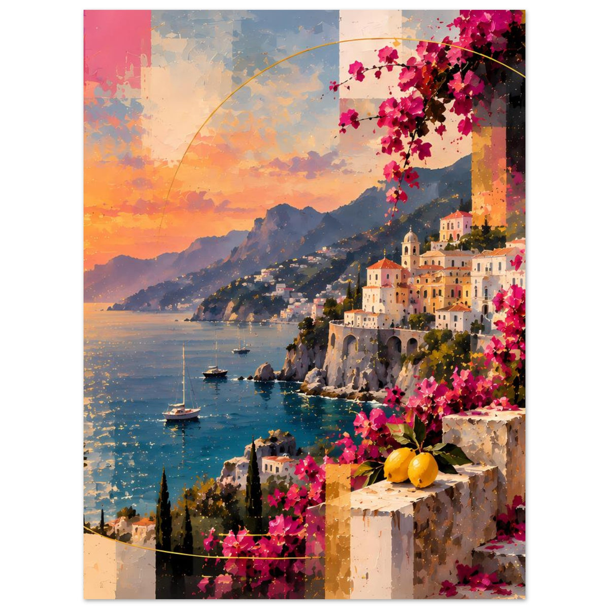 Poster mit mediterraner Küste bei Sonnenuntergang, Boote, Häuser am Hang und pinken Bougainvillea-Blüten