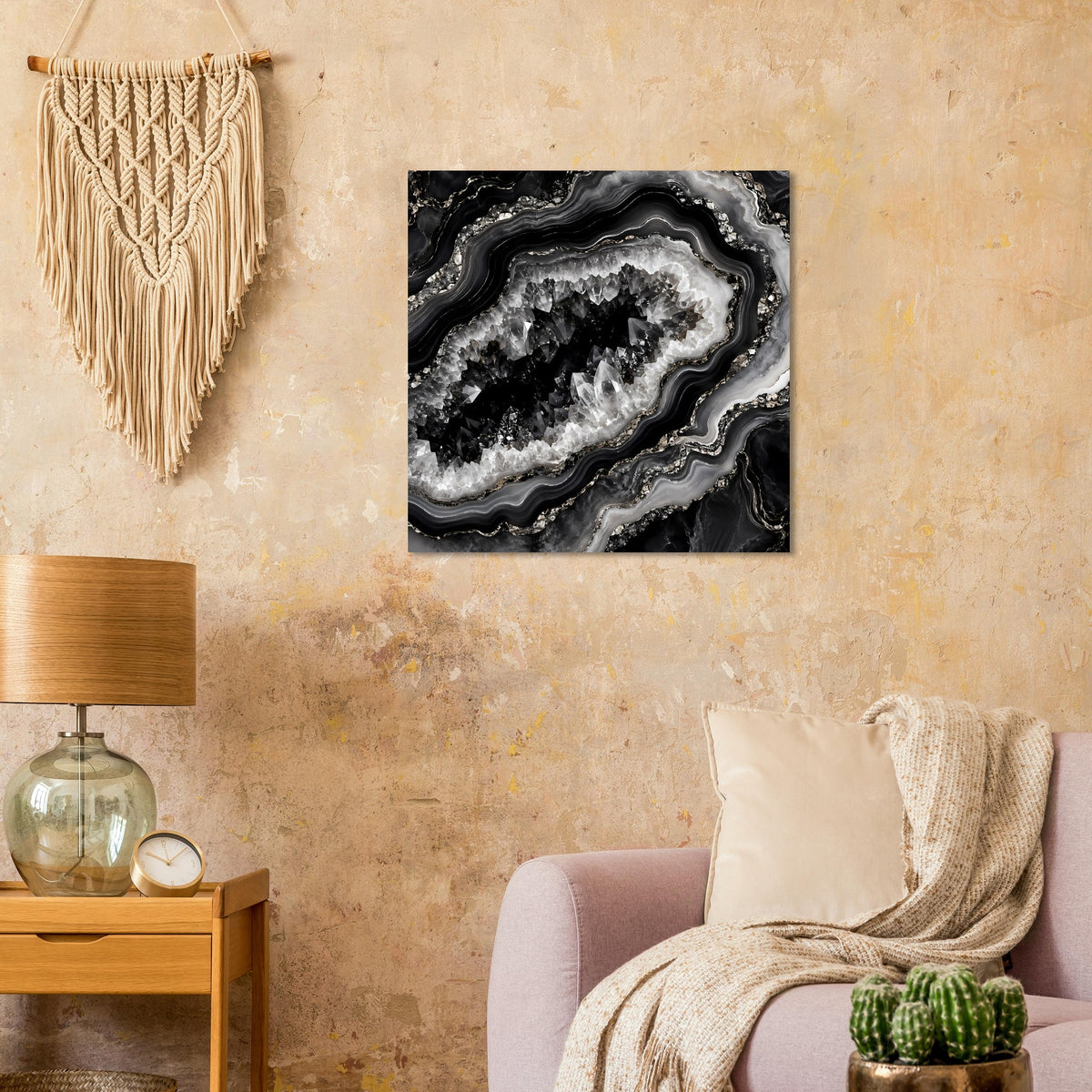 Schwarz-Weißes Geoden-Poster mit kontrastreichen, glitzernden Gesteinsrändern